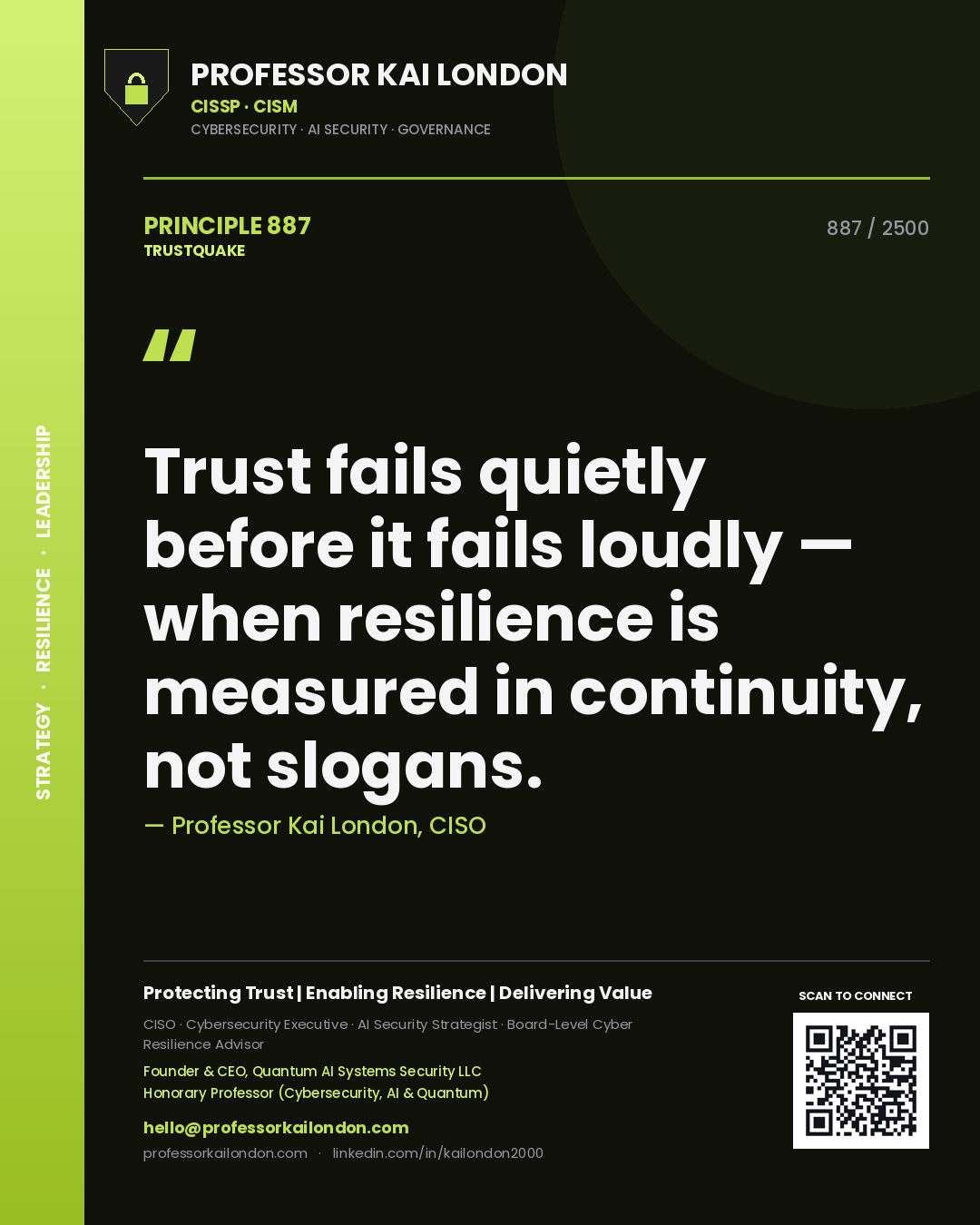 Quote card by Professor Kai London reading 'Trust fails quietly before it fails loudly — when resilience is measured in continuity, not slogans.'. From the book Trustquake.