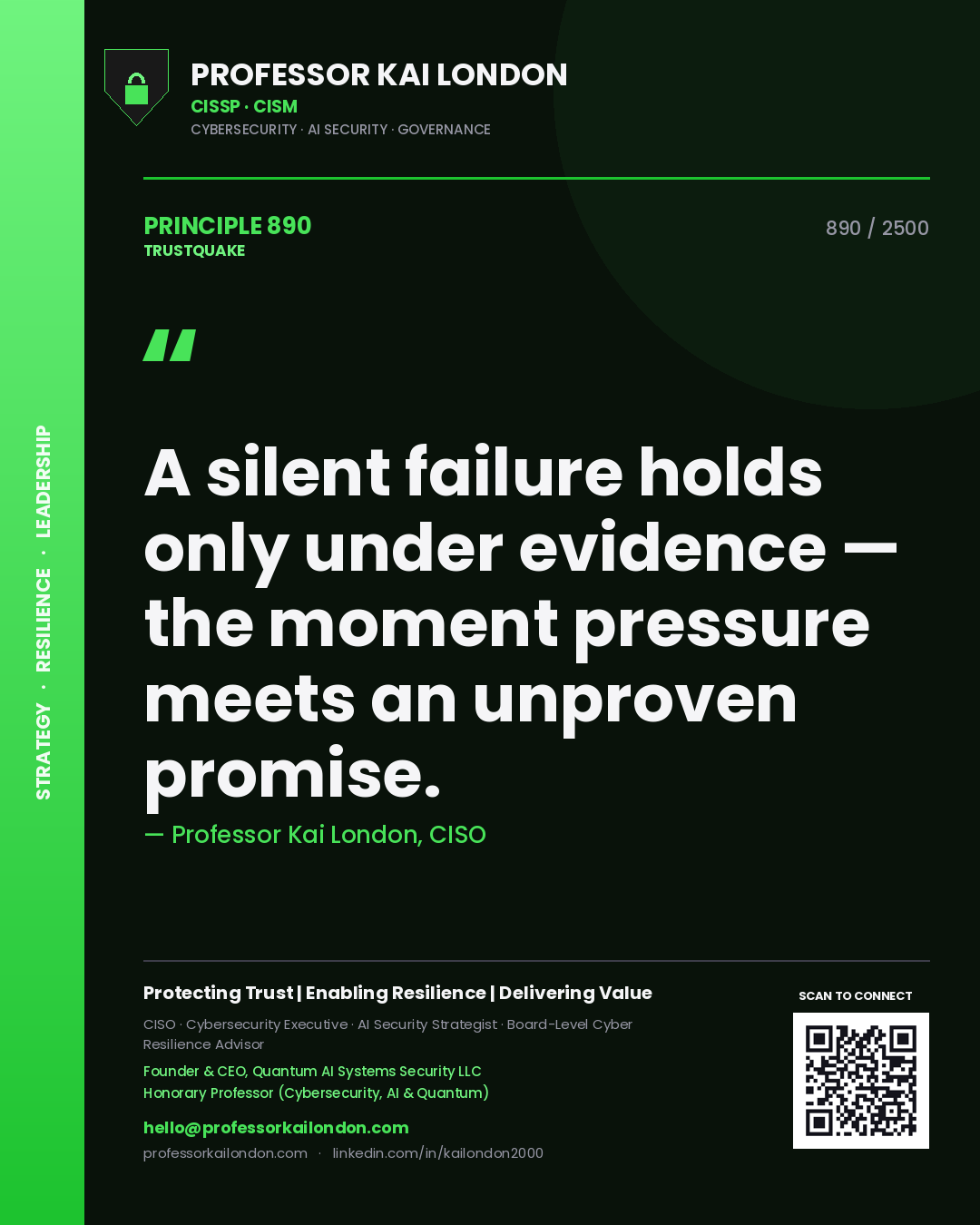 Quote card by Professor Kai London reading 'A silent failure holds only under evidence — the moment pressure meets an unproven promise.'. From the book Trustquake.