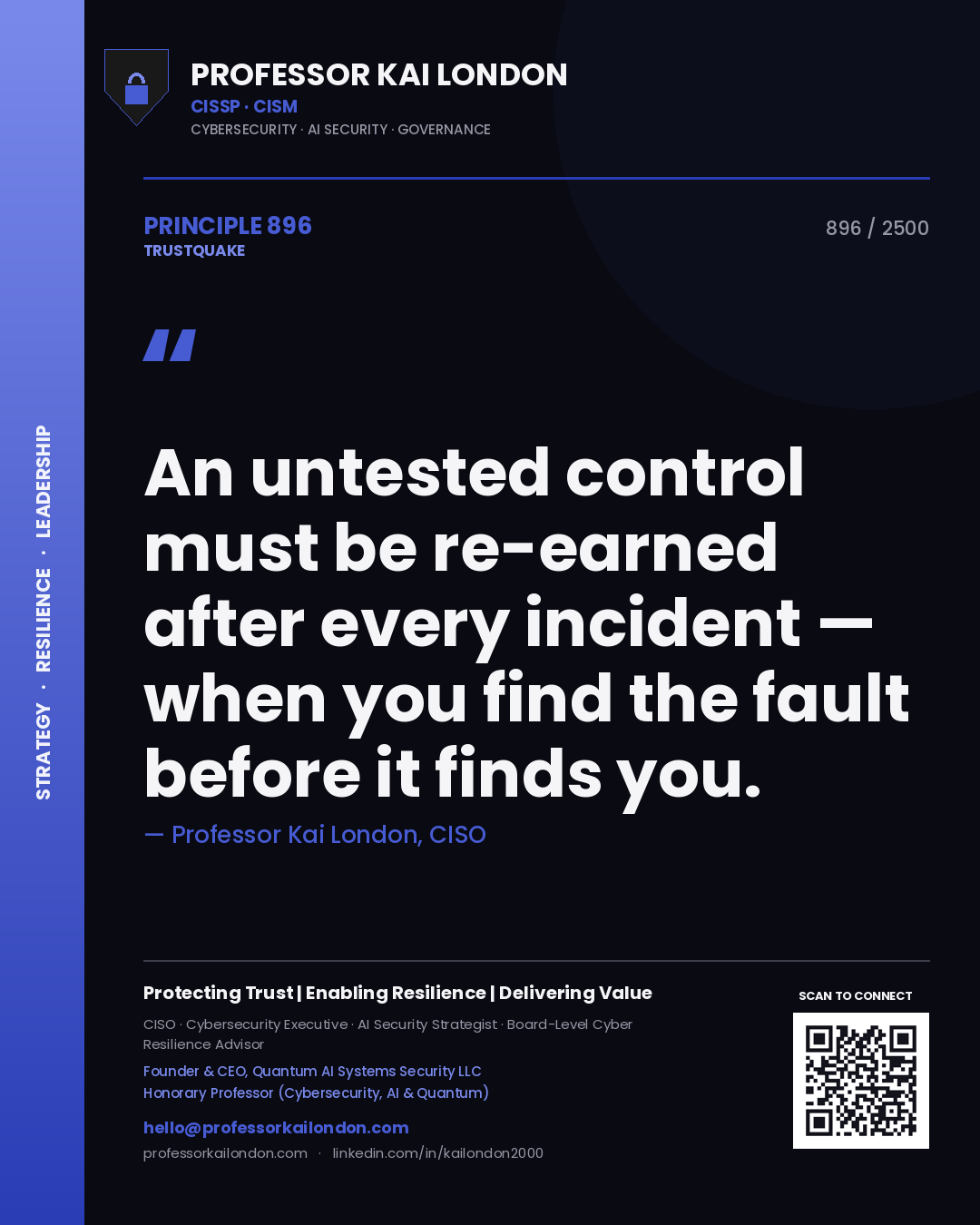 Professor Kai London principle 896: An untested control must be re-earned after every incident — when you find the fault before it finds you.