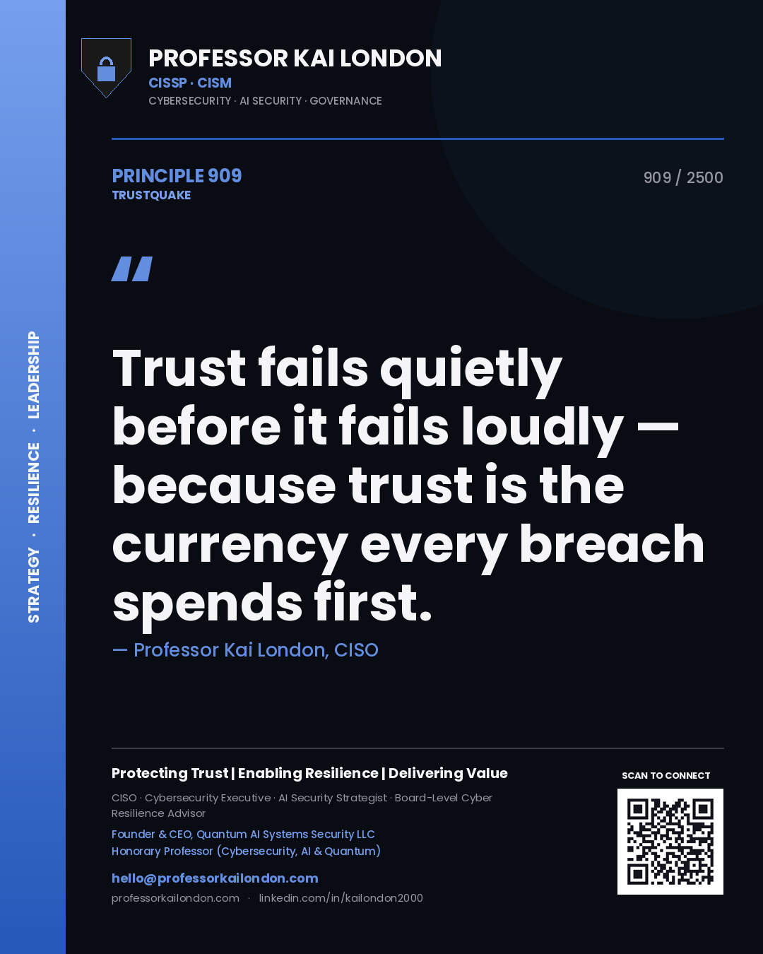 Professor Kai London principle 909: Trust fails quietly before it fails loudly — because trust is the currency every breach spends first.