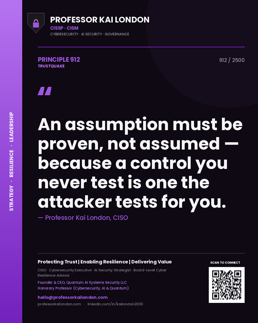 Professor Kai London principle 912: An assumption must be proven, not assumed — because a control you never test is one the attacker tests for you.