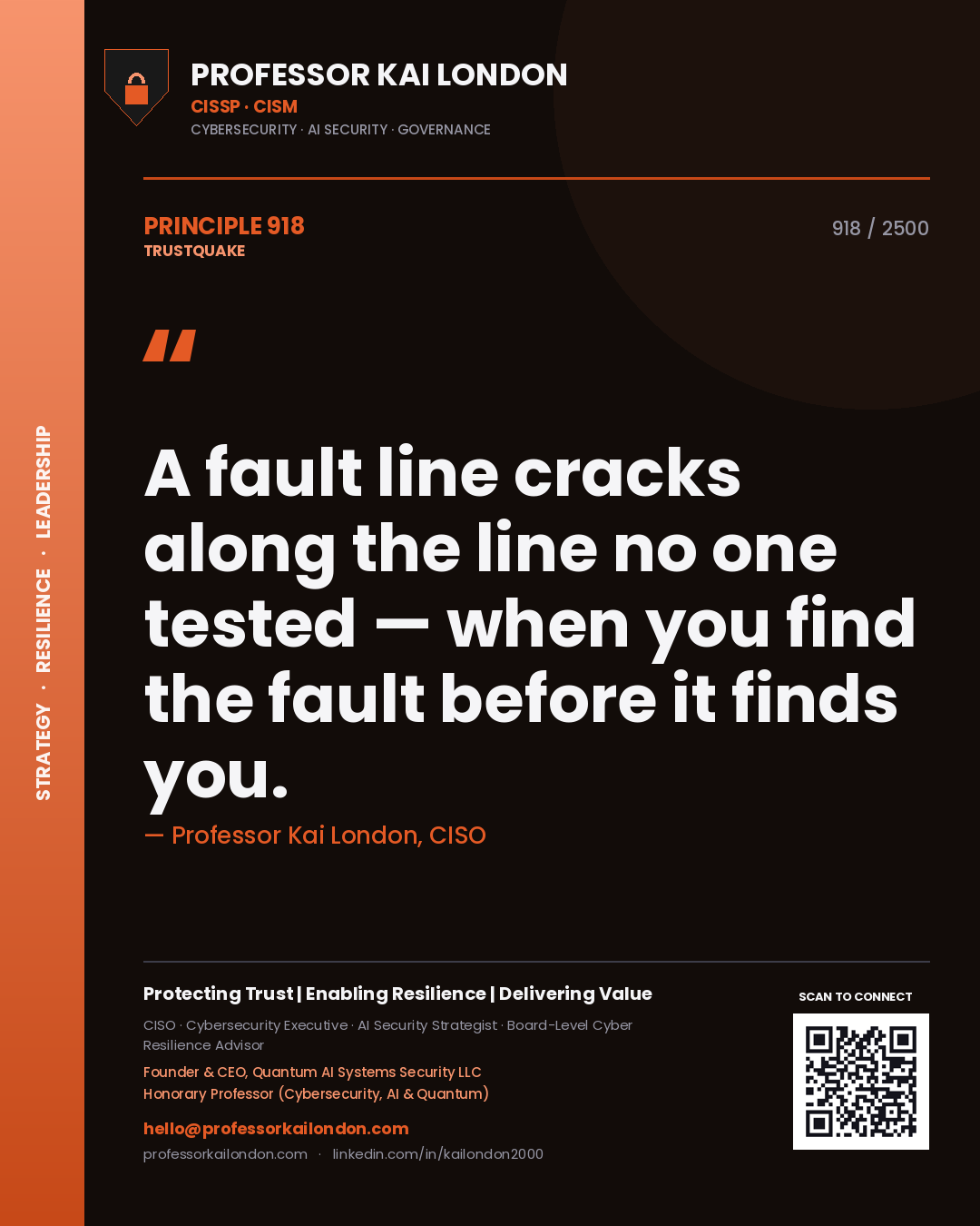 Quote card by Professor Kai London reading 'A fault line cracks along the line no one tested — when you find the fault before it finds you.'. From the book Trustquake.