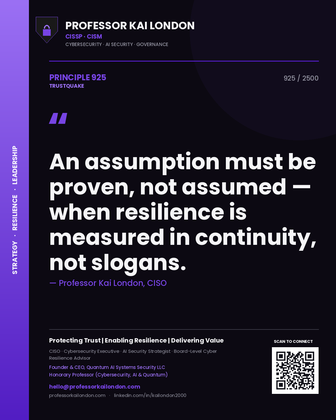 Professor Kai London principle 925: An assumption must be proven, not assumed — when resilience is measured in continuity, not slogans.
