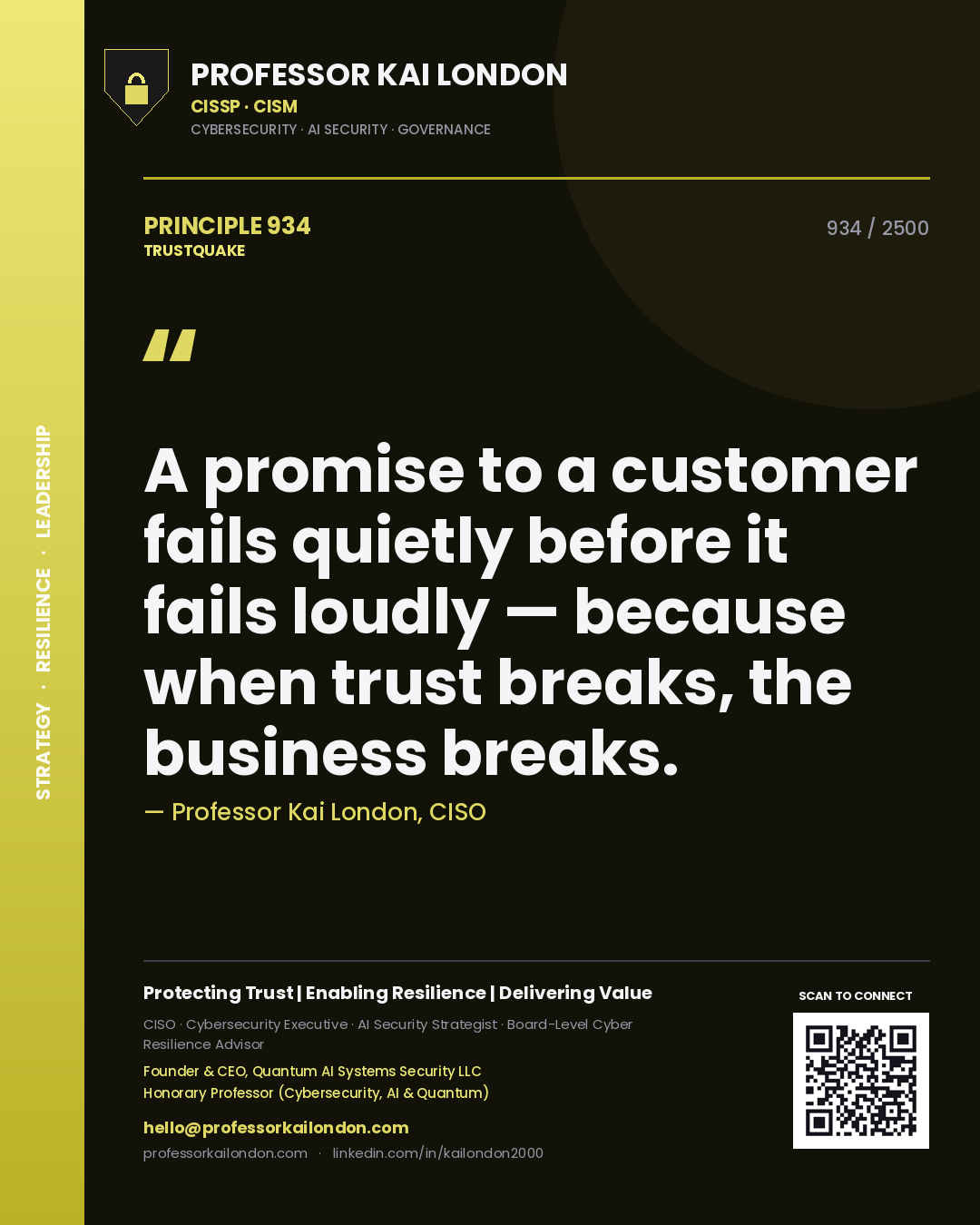Professor Kai London principle 934: A promise to a customer fails quietly before it fails loudly — because when trust breaks, the business breaks.
