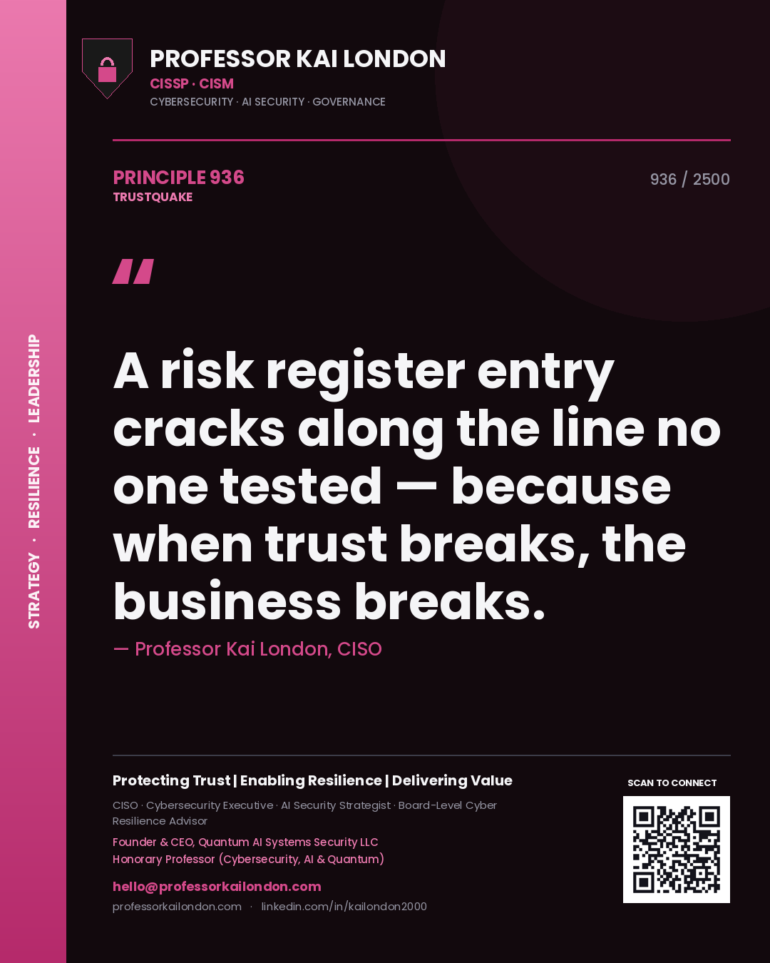 Professor Kai London principle 936: A risk register entry cracks along the line no one tested — because when trust breaks, the business breaks.