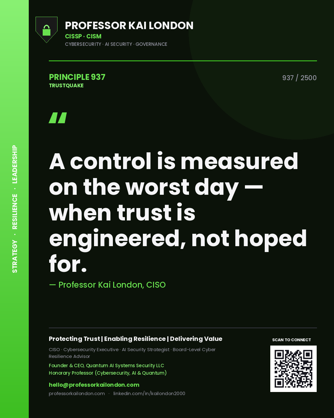 Professor Kai London principle 937: A control is measured on the worst day — when trust is engineered, not hoped for.