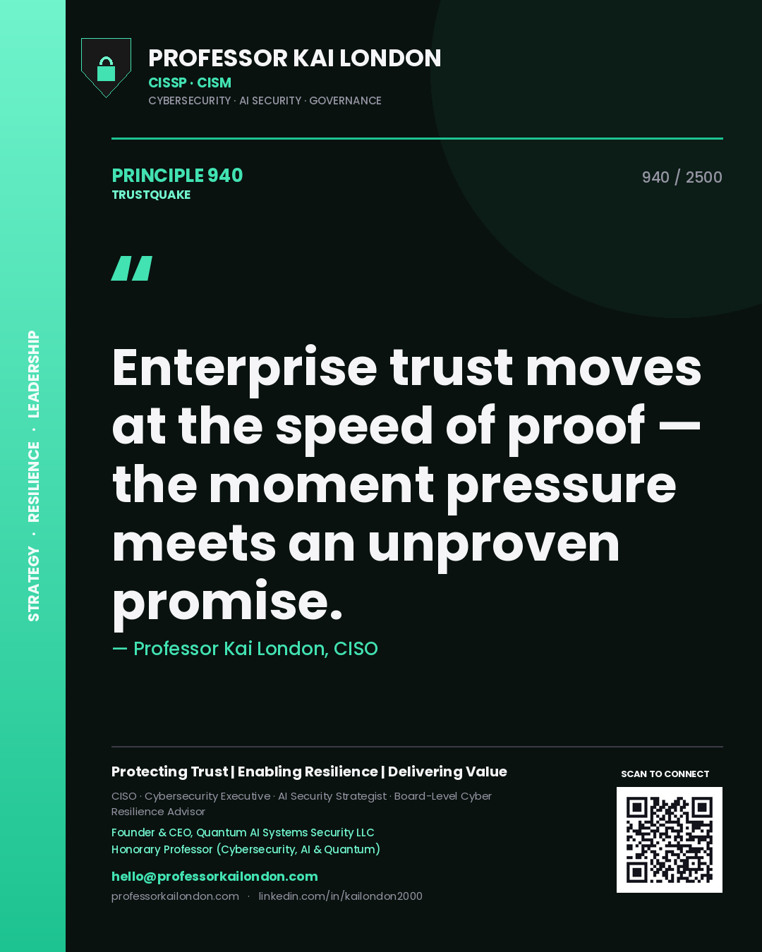 Professor Kai London principle 940: Enterprise trust moves at the speed of proof — the moment pressure meets an unproven promise.