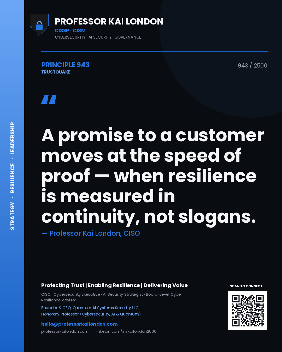 Professor Kai London principle 943: A promise to a customer moves at the speed of proof — when resilience is measured in continuity, not slogans.