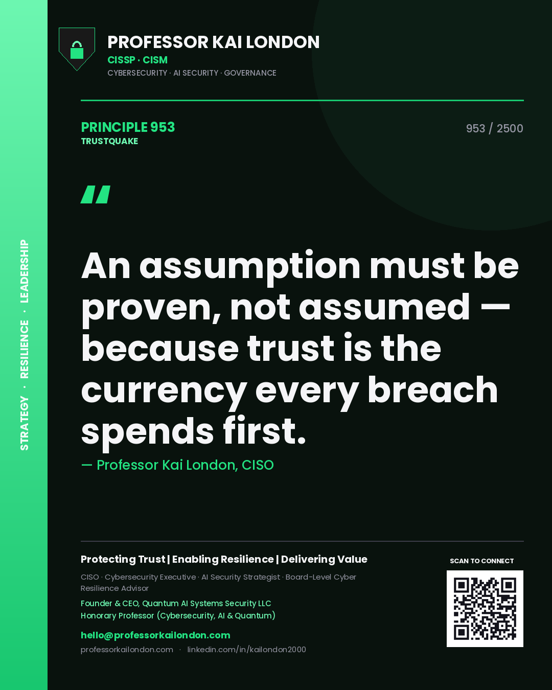 Professor Kai London principle 953: An assumption must be proven, not assumed — because trust is the currency every breach spends first.
