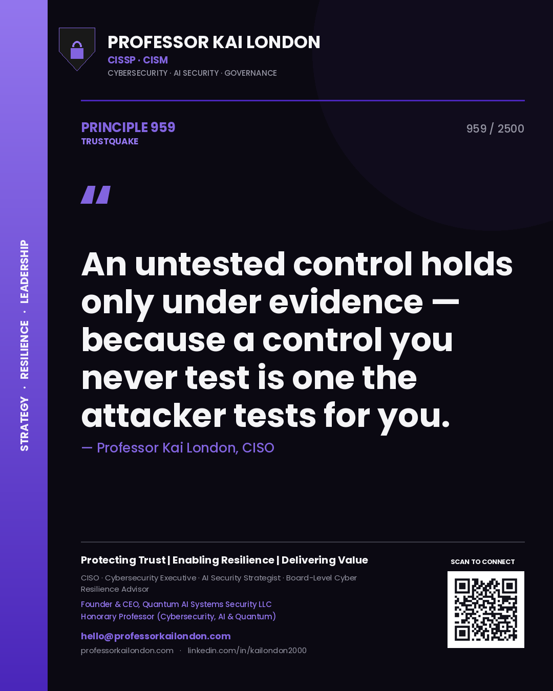 Professor Kai London principle 959: An untested control holds only under evidence — because a control you never test is one the attacker tests for you.