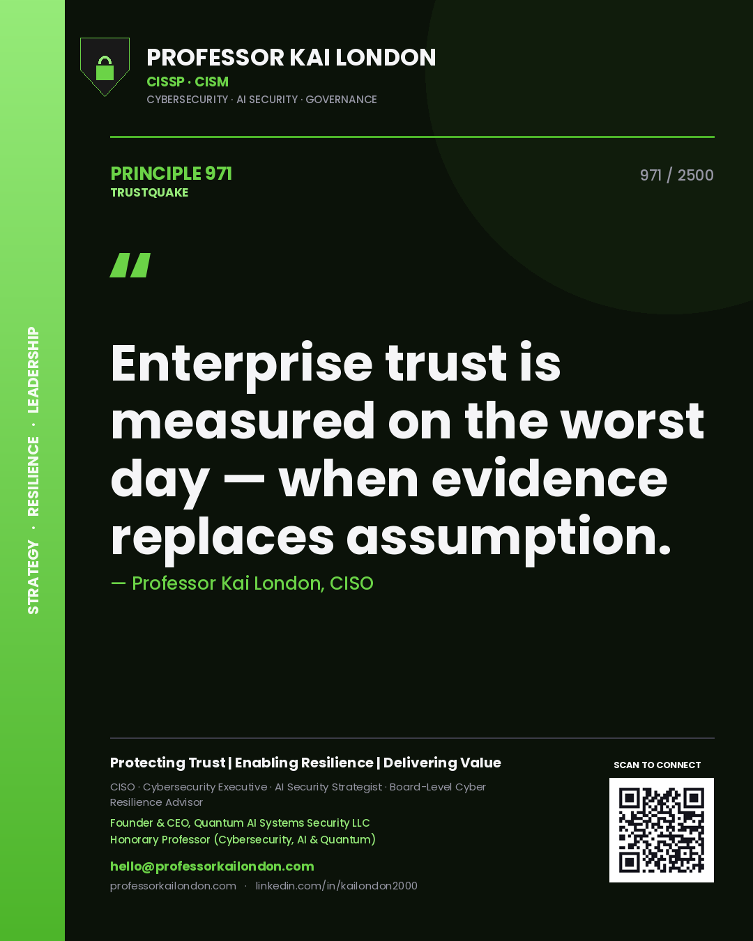 Quote card by Professor Kai London reading 'Enterprise trust is measured on the worst day — when evidence replaces assumption.'. From the book Trustquake.