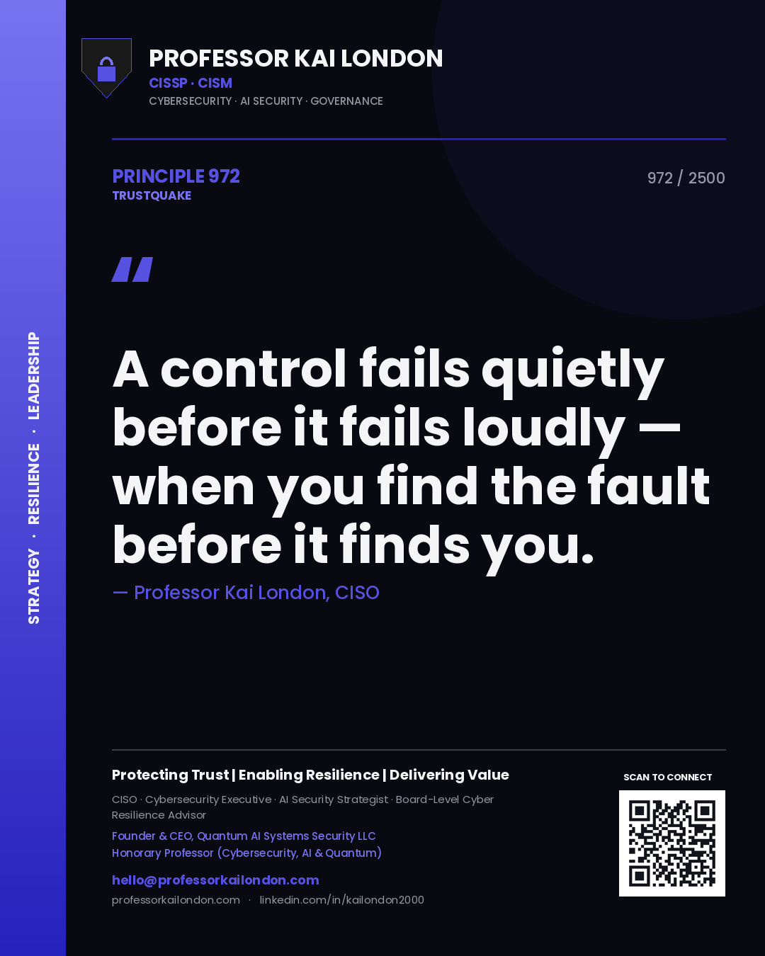 Quote card by Professor Kai London reading 'A control fails quietly before it fails loudly — when you find the fault before it finds you.'. From the book Trustquake.