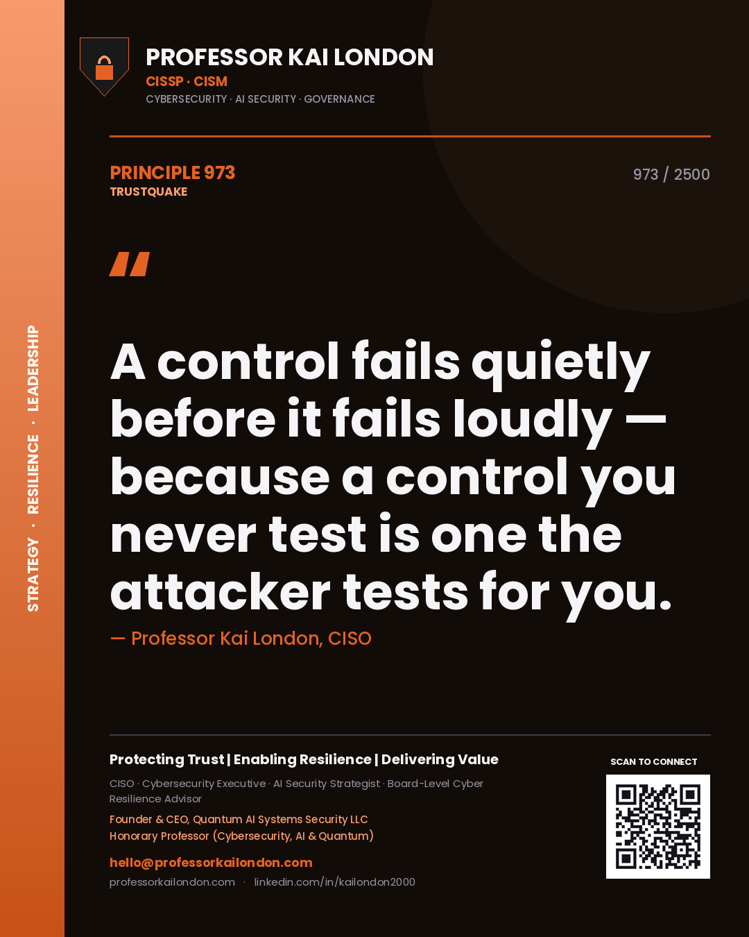 Quote card by Professor Kai London reading 'A control fails quietly before it fails loudly — because a control you never test is one the attacker tests for you.'. From the book Trustquake.