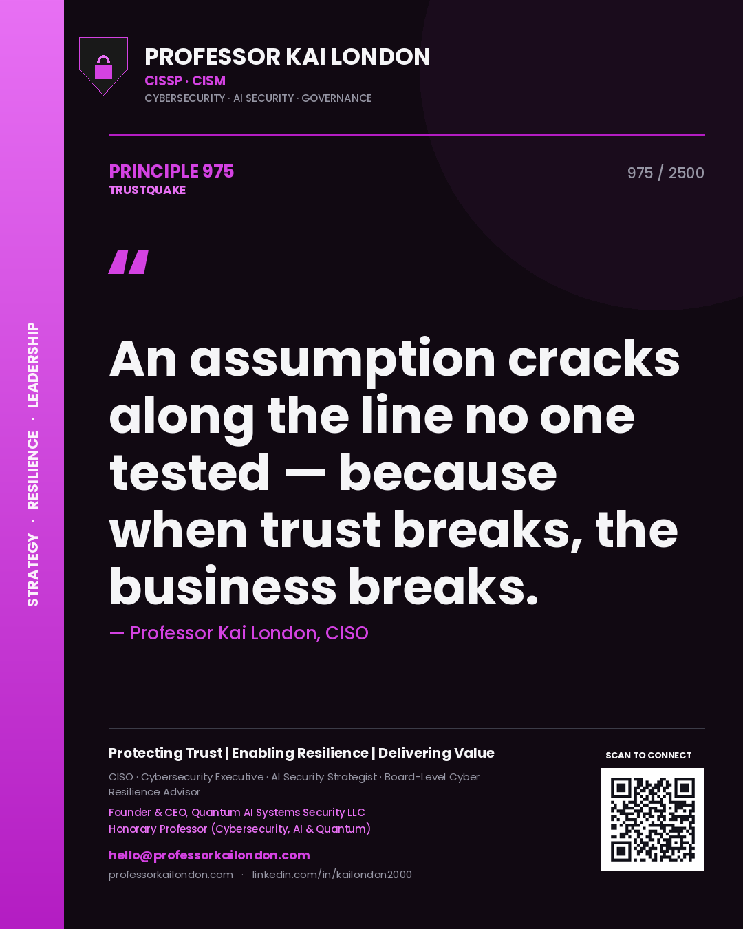 Quote card by Professor Kai London reading 'An assumption cracks along the line no one tested — because when trust breaks, the business breaks.'. From the book Trustquake.