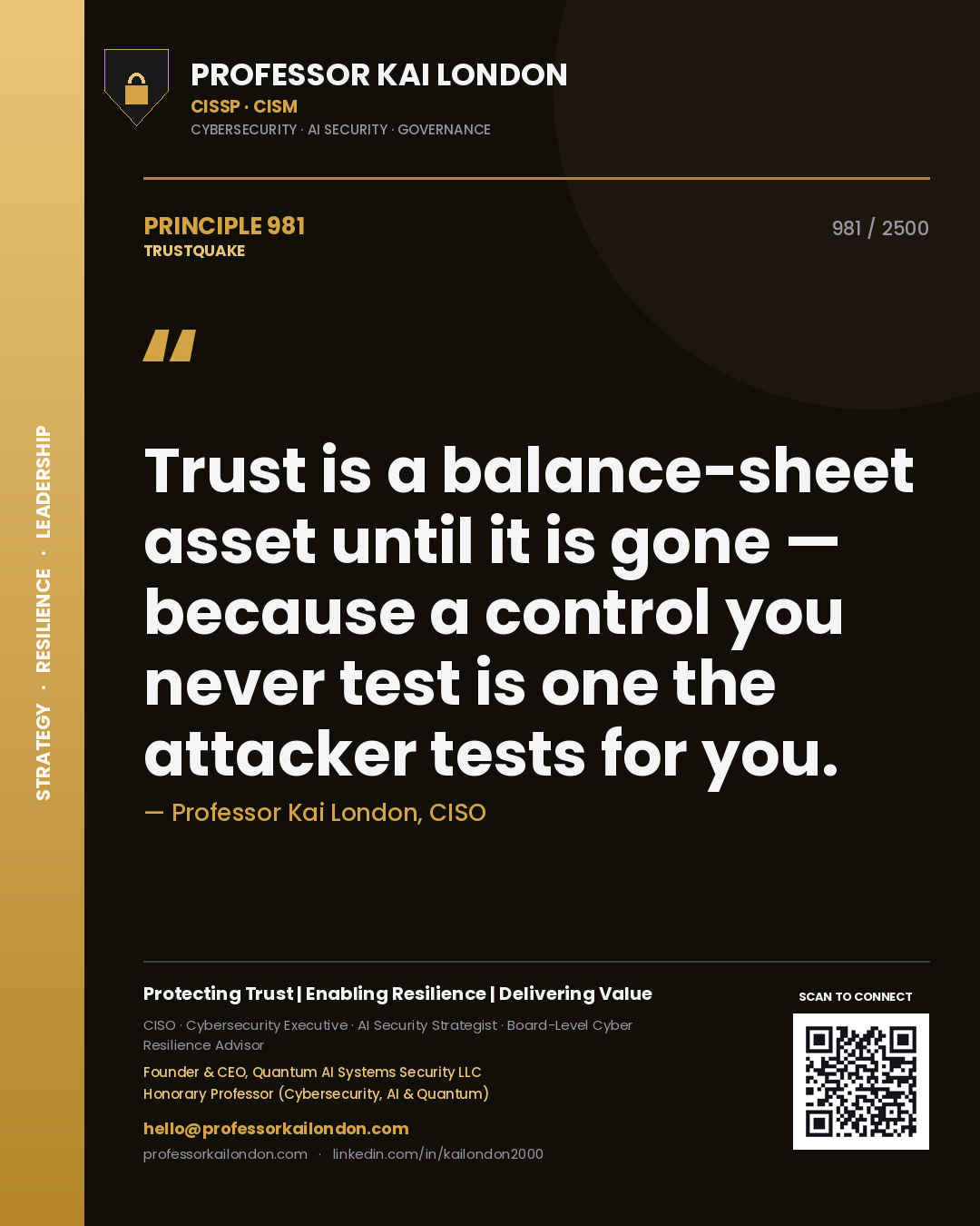 Quote card by Professor Kai London reading 'Trust is a balance-sheet asset until it is gone — because a control you never test is one the attacker tests for you.'. From the book Trustquake.