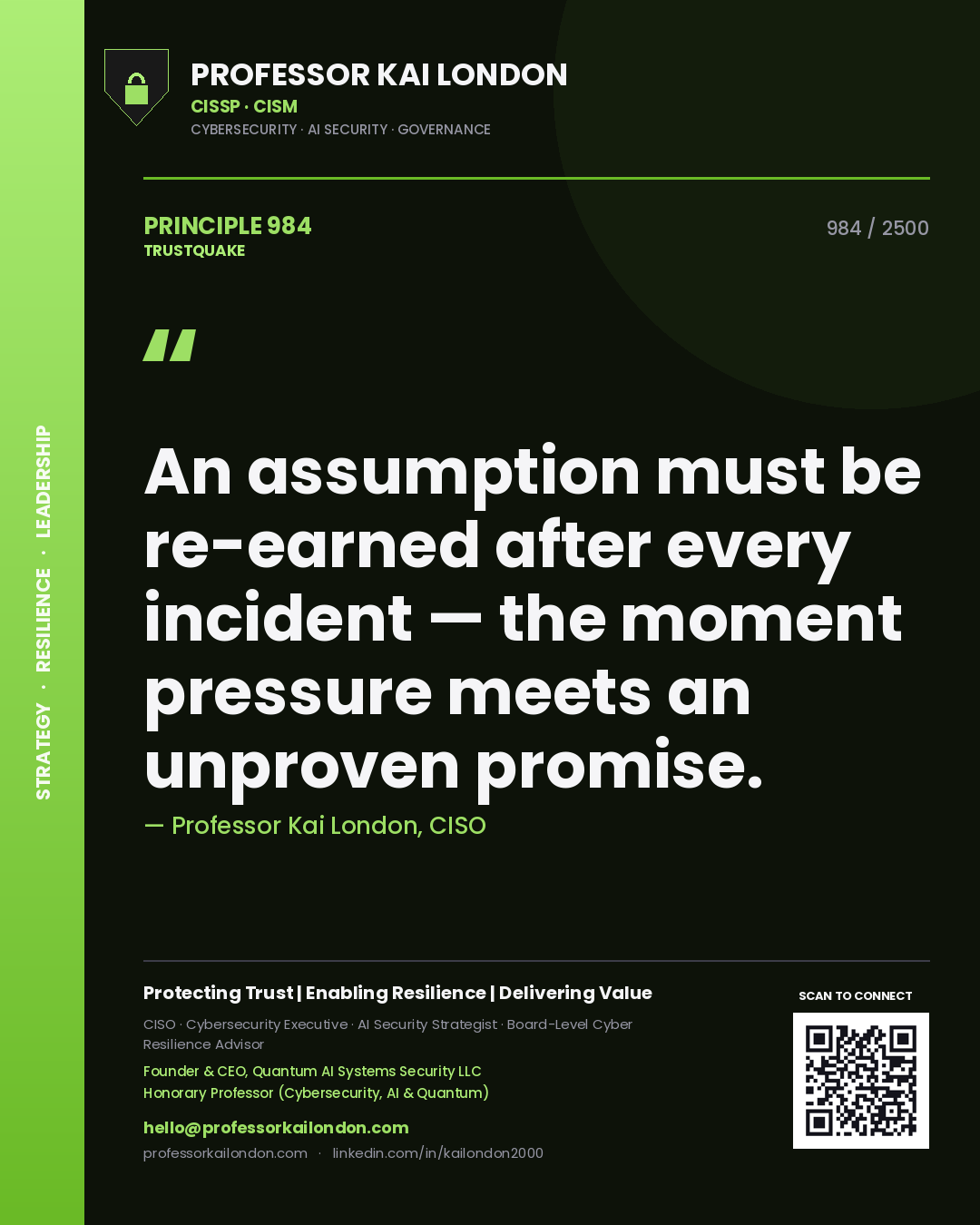 Quote card by Professor Kai London reading 'An assumption must be re-earned after every incident — the moment pressure meets an unproven promise.'. From the book Trustquake.