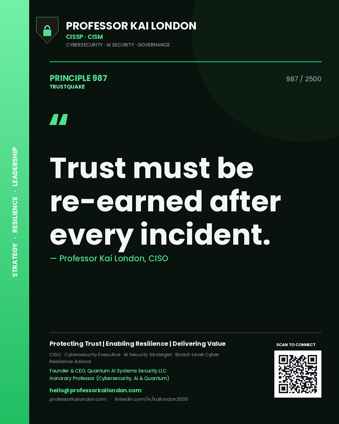 Quote card by Professor Kai London reading 'Trust must be re-earned after every incident.'. From the book Trustquake.