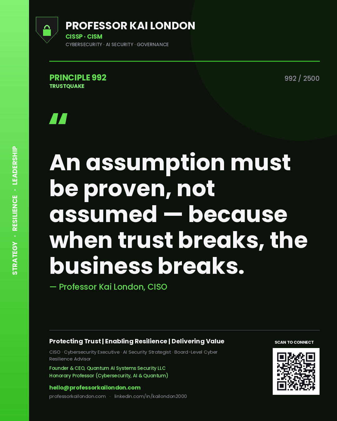 Quote card by Professor Kai London reading 'An assumption must be proven, not assumed — because when trust breaks, the business breaks.'. From the book Trustquake.