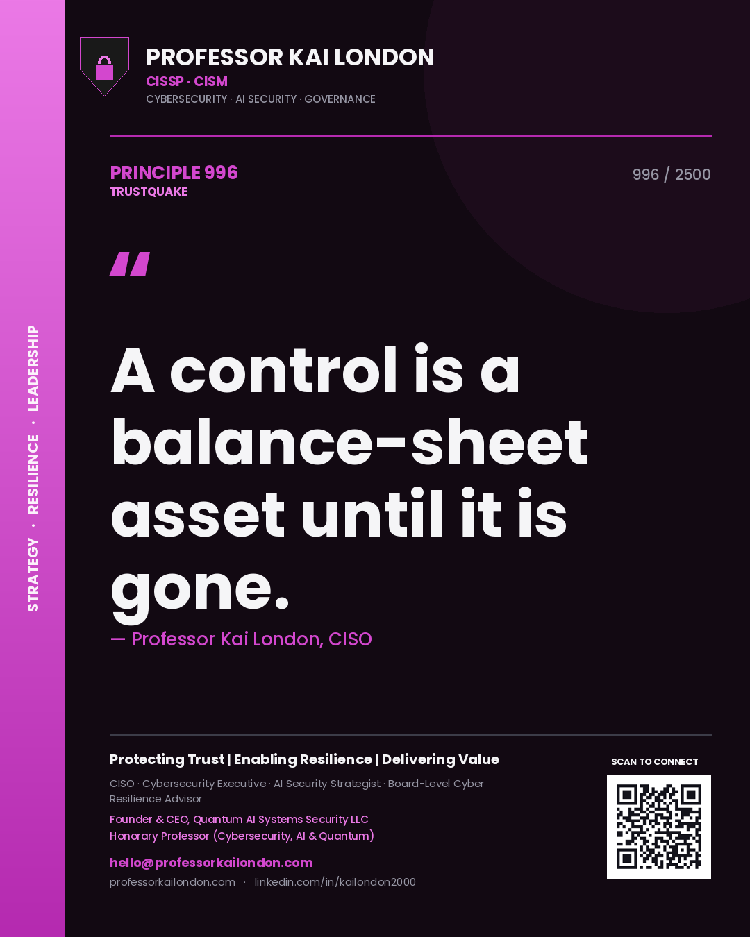 Quote card by Professor Kai London reading 'A control is a balance-sheet asset until it is gone.'. From the book Trustquake.