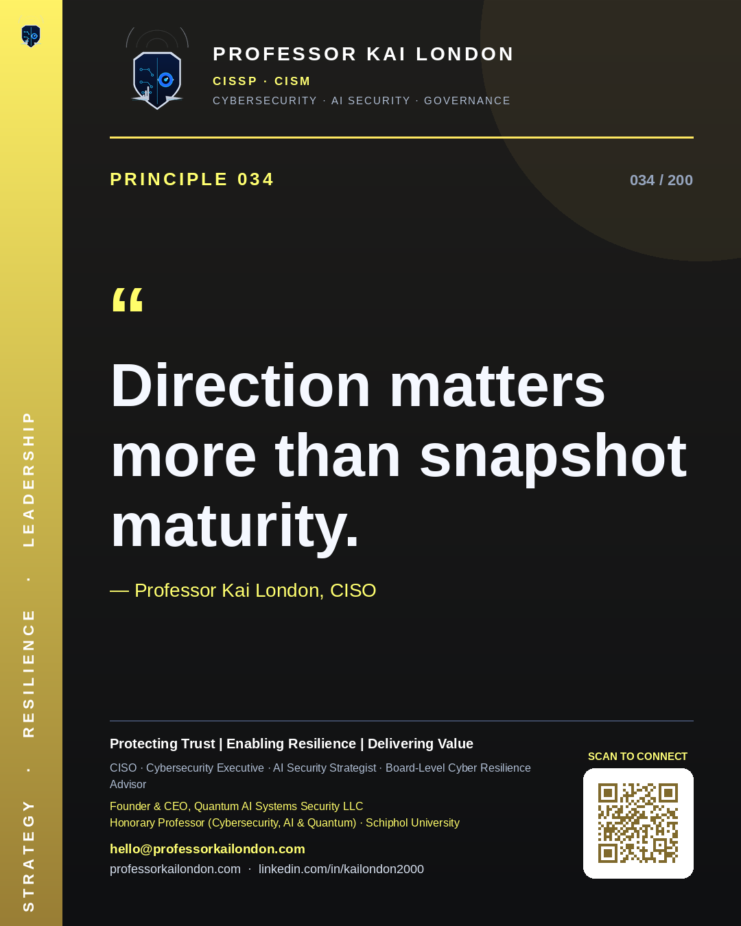 Professor Kai London cybersecurity principle 34: "Direction matters more than snapshot maturity." — CISO, AI security & cyber resilience advisor.