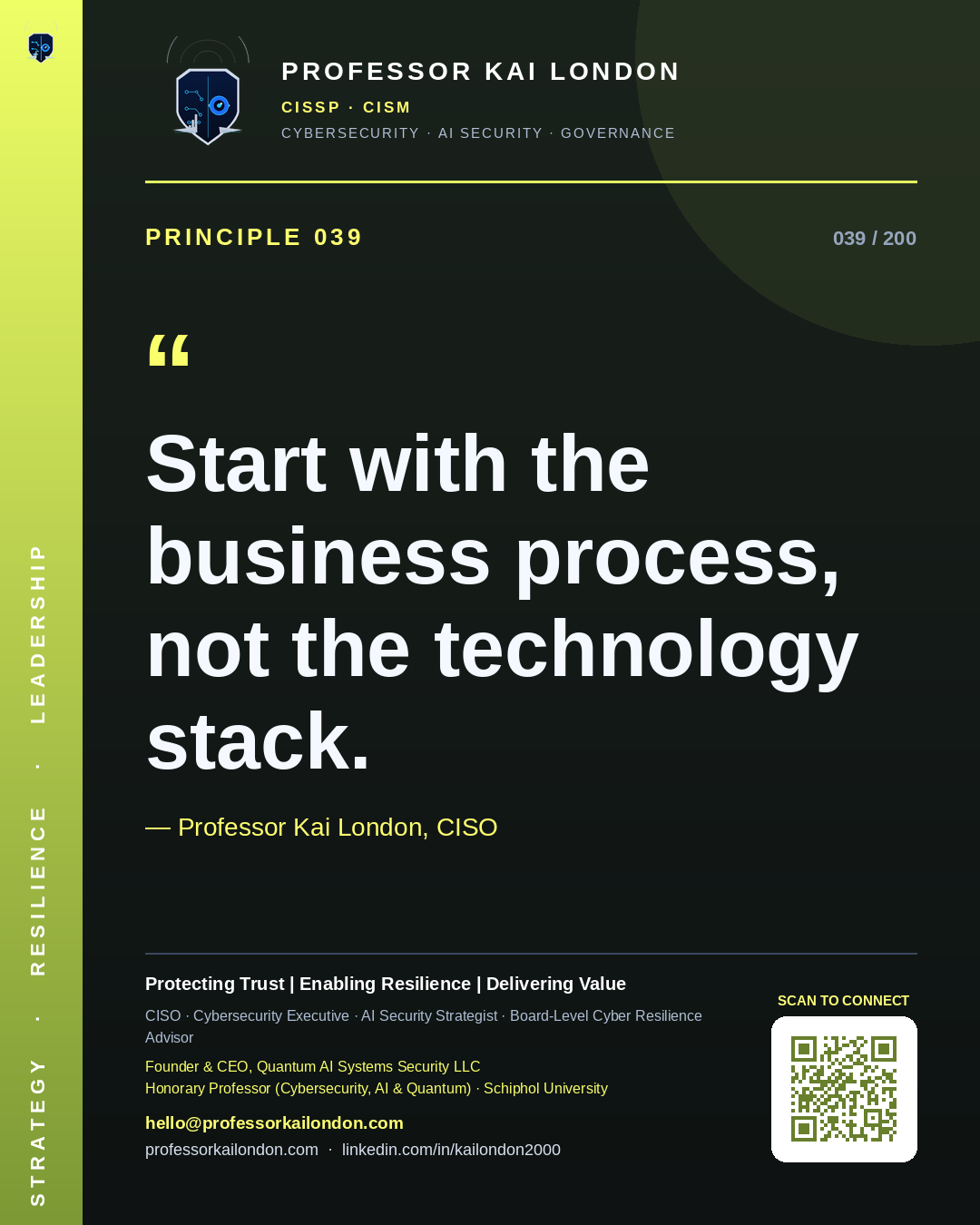 Professor Kai London cybersecurity principle 39: "Start with the business process, not the technology stack." — CISO, AI security & cyber resilience advisor.
