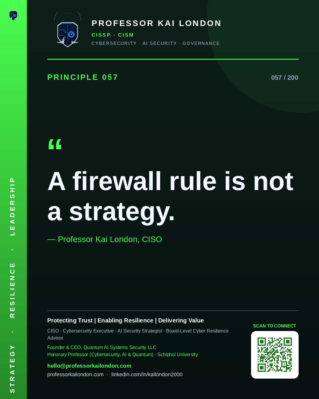 Professor Kai London cybersecurity principle 57: "A firewall rule is not a strategy." — CISO, AI security & cyber resilience advisor.