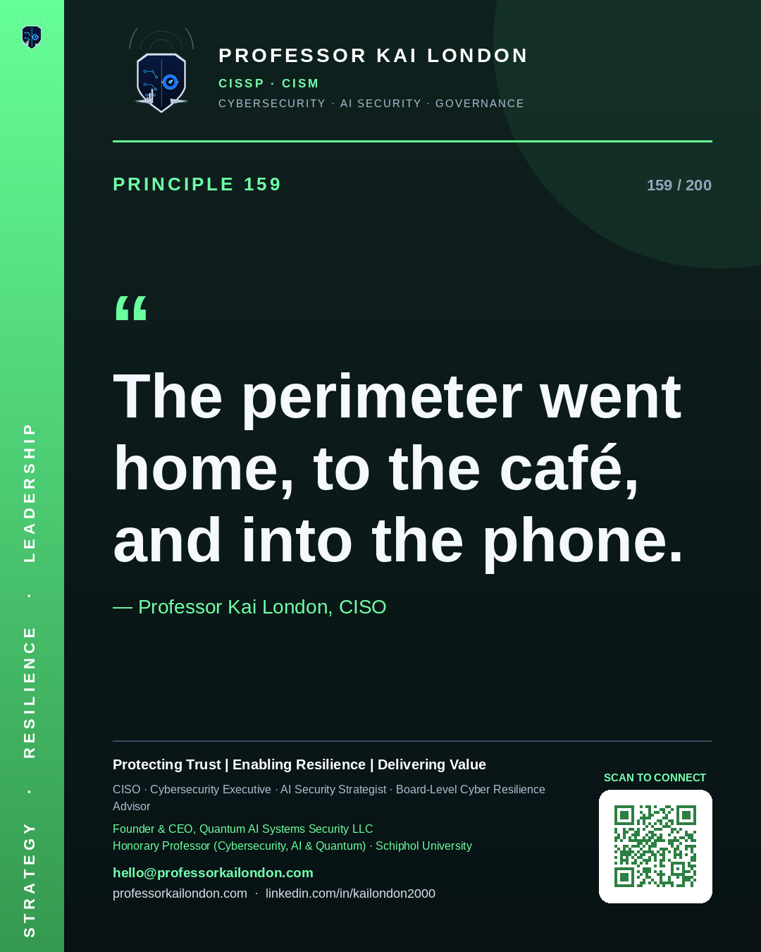 Professor Kai London cybersecurity principle 159: "The perimeter went home, to the café, and into the phone." — CISO, AI security & cyber resilience advisor.