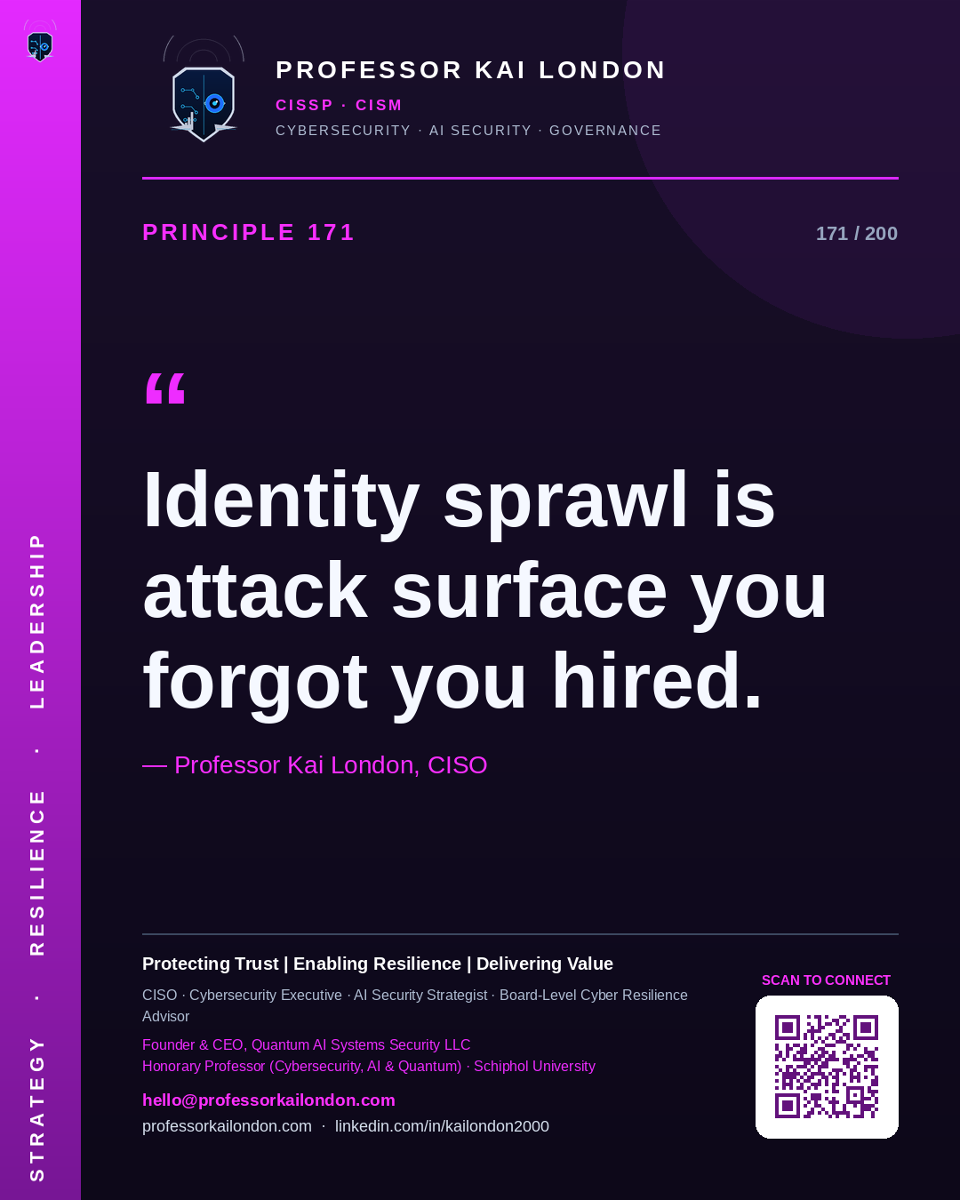 Professor Kai London cybersecurity principle 171: "Identity sprawl is attack surface you forgot you hired." — CISO, AI security & cyber resilience advisor.
