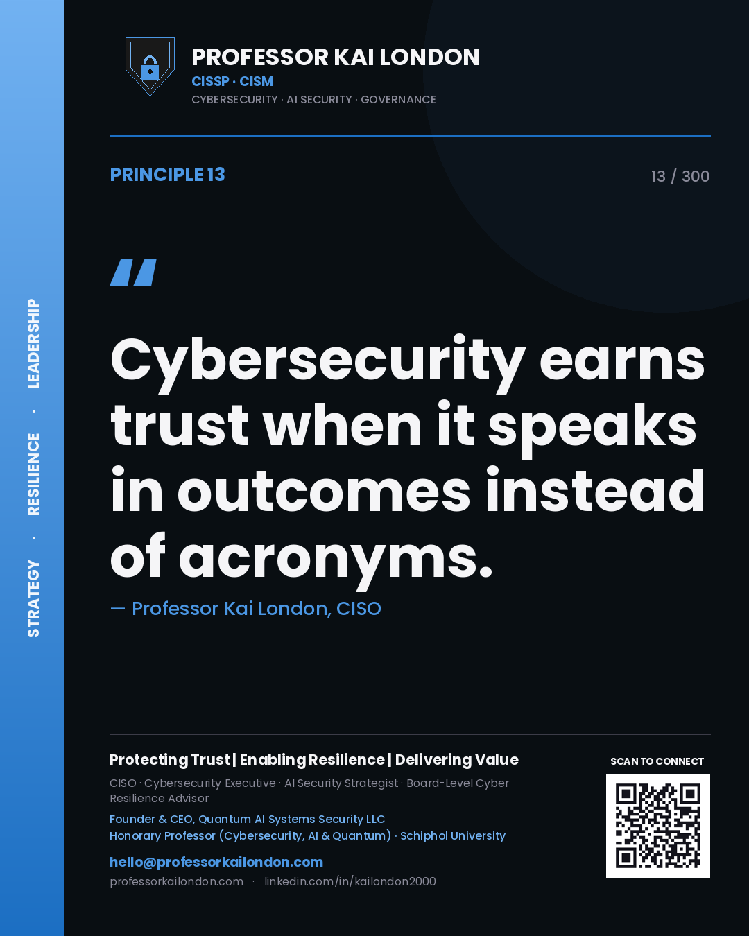 Cybersecurity earns trust when it speaks in outcomes instead of acronyms. — Professor Kai London, CISO. Principle 13 of 300 on Communication.
