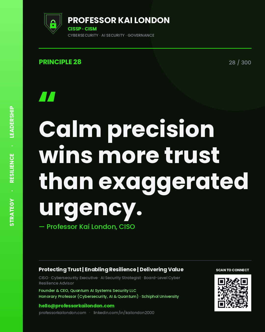 Calm precision wins more trust than exaggerated urgency. — Professor Kai London, CISO. Principle 28 of 300 on Executive Tone.
