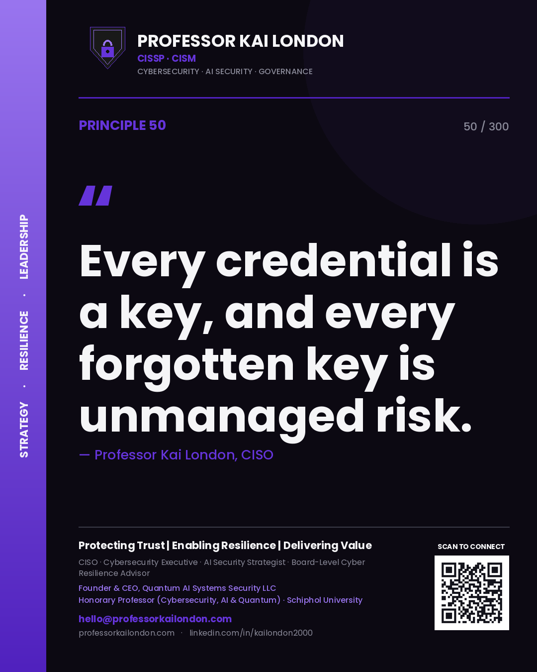 Every credential is a key, and every forgotten key is unmanaged risk. — Professor Kai London, CISO. Principle 50 of 300 on Identity Security.