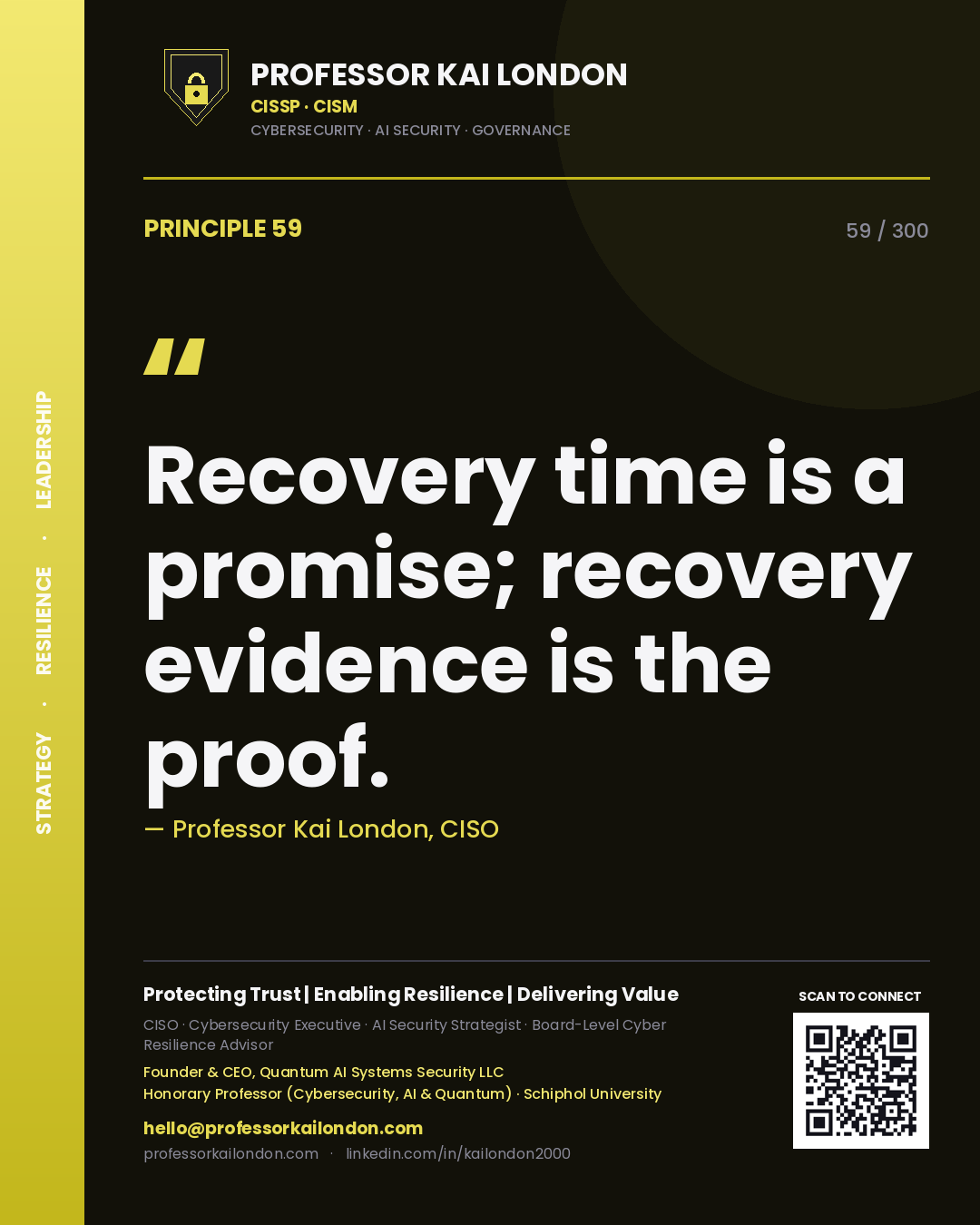 Recovery time is a promise; recovery evidence is the proof. — Professor Kai London, CISO. Principle 59 of 300 on Continuity.