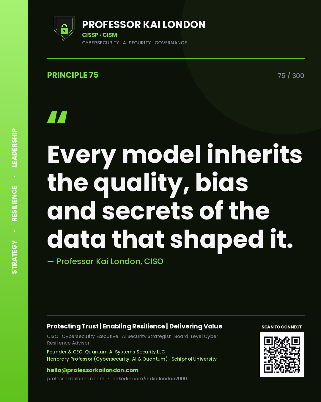 Every model inherits the quality, bias and secrets of the data that shaped it. — Professor Kai London, CISO. Principle 75 of 300 on AI Data Risk.
