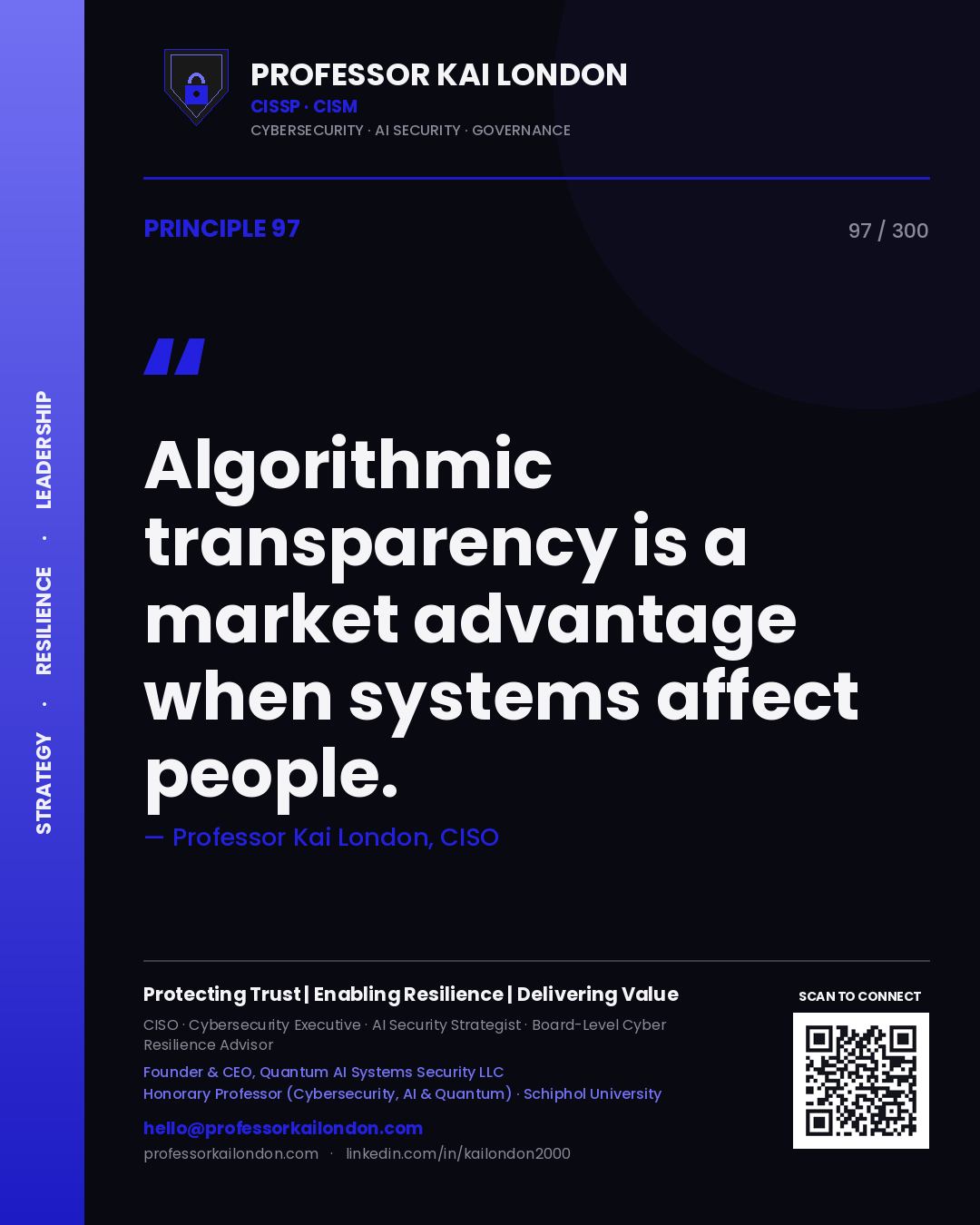 Algorithmic transparency is a market advantage when systems affect people. — Professor Kai London, CISO. Principle 97 of 300 on AI Governance.