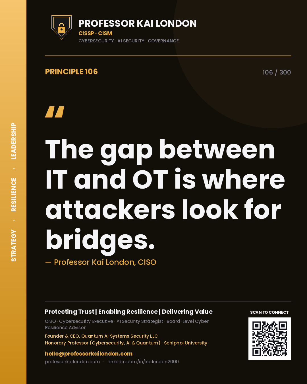 The gap between IT and OT is where attackers look for bridges. — Professor Kai London, CISO. Principle 106 of 300 on IT / OT Convergence.