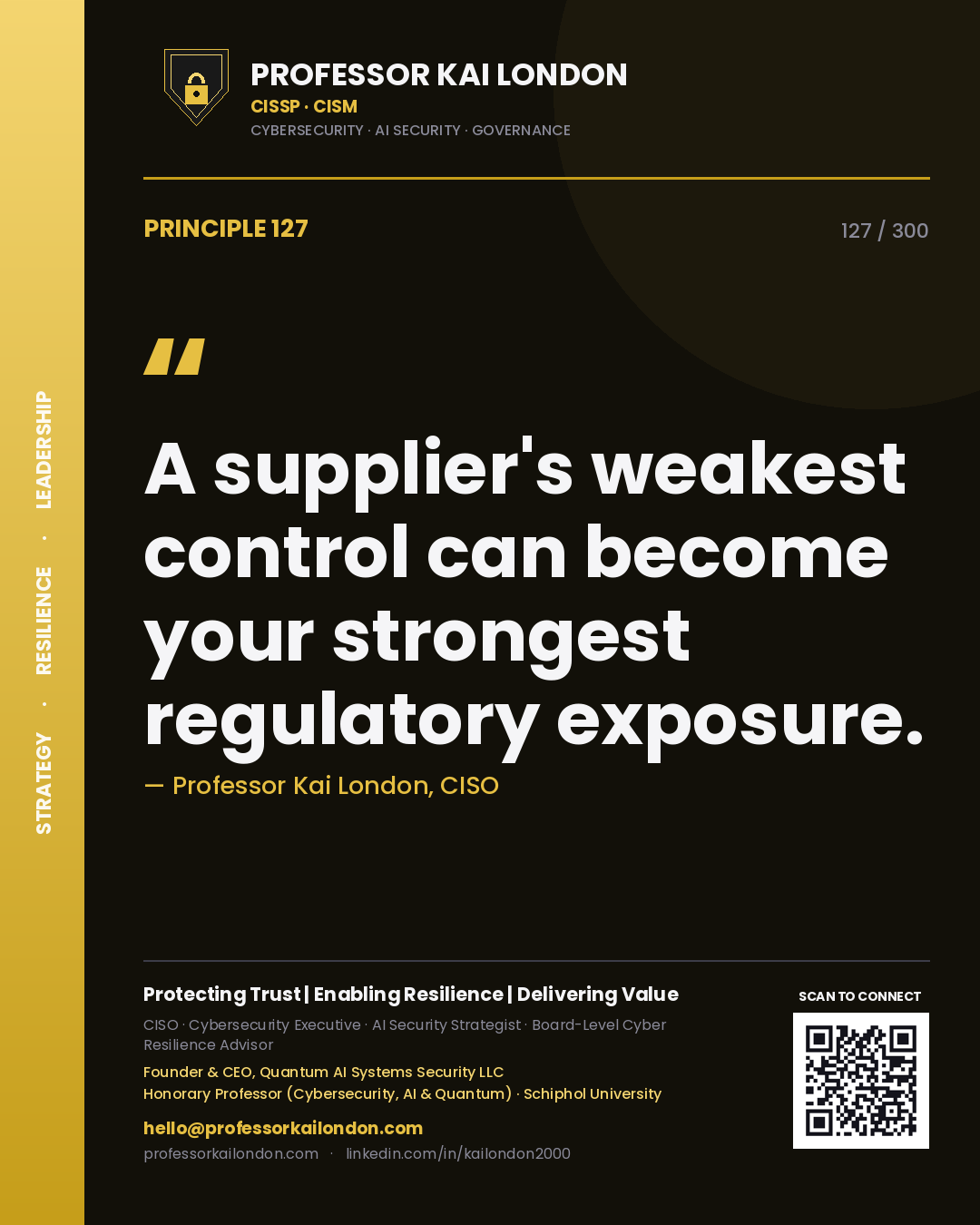 A supplier's weakest control can become your strongest regulatory exposure. — Professor Kai London, CISO. Principle 127 of 300 on Vendor Risk.