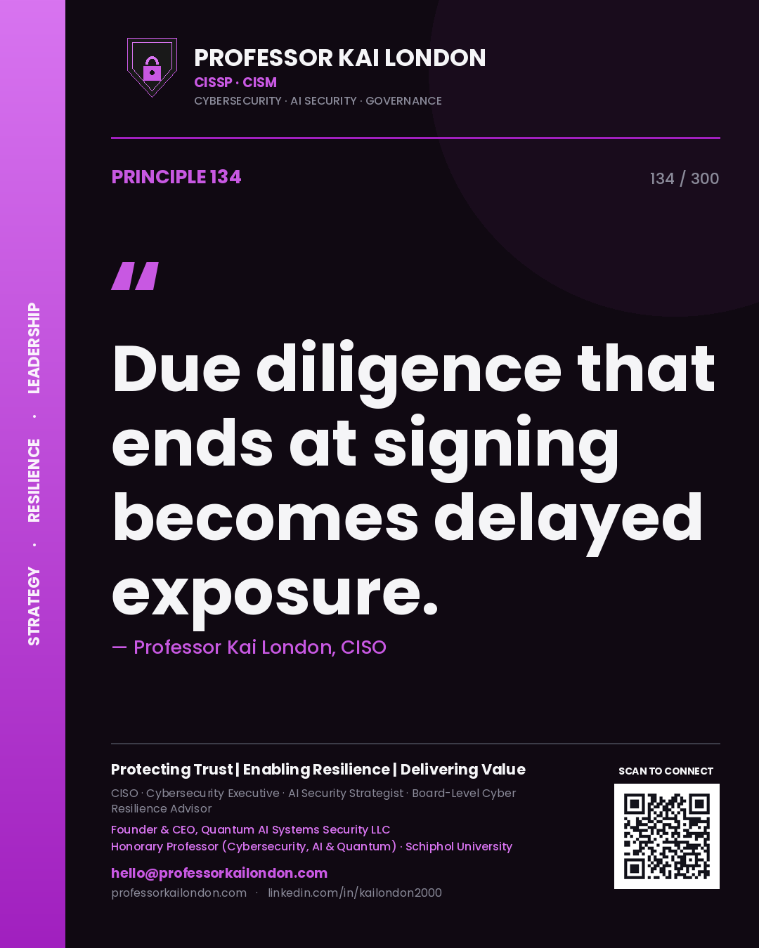 Due diligence that ends at signing becomes delayed exposure. — Professor Kai London, CISO. Principle 134 of 300 on Third-Party Risk.