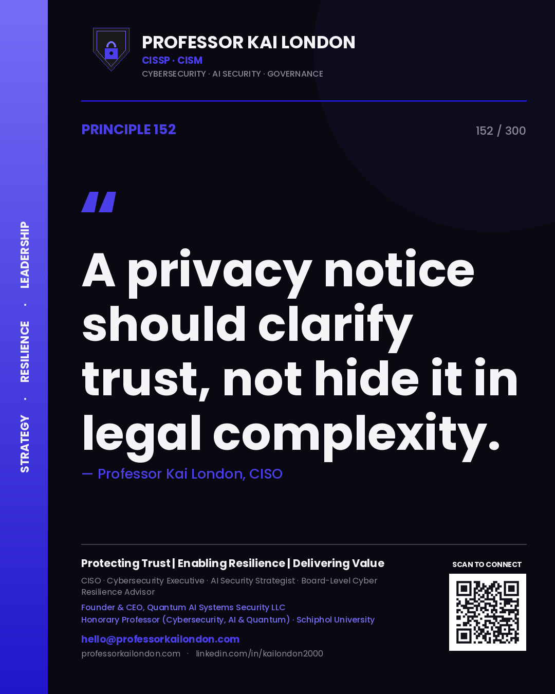A privacy notice should clarify trust, not hide it in legal complexity. — Professor Kai London, CISO. Principle 152 of 300 on Transparency.