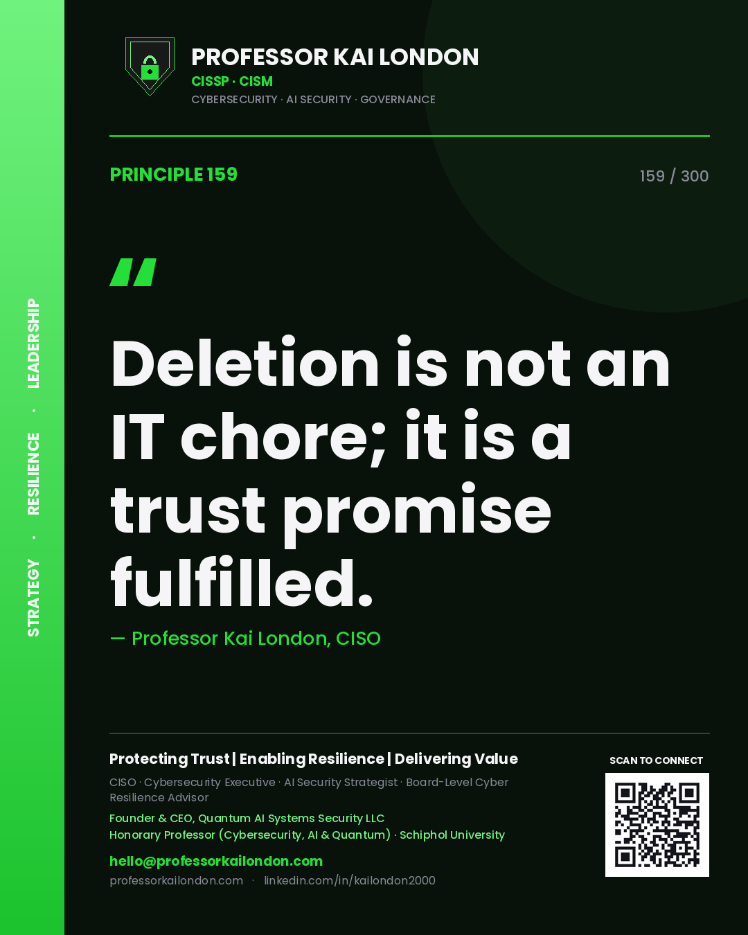 Deletion is not an IT chore; it is a trust promise fulfilled. — Professor Kai London, CISO. Principle 159 of 300 on Erasure.