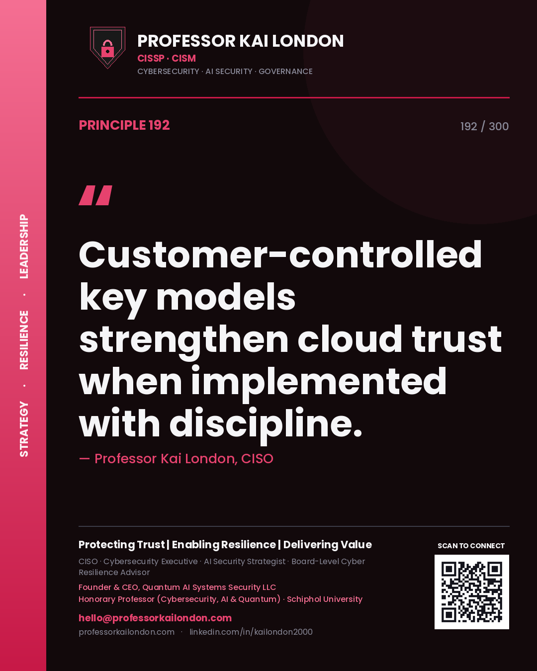 Customer-controlled key models strengthen cloud trust when implemented with discipline. — Professor Kai London, CISO. Principle 192 of 300 on BYOK / HYOK.