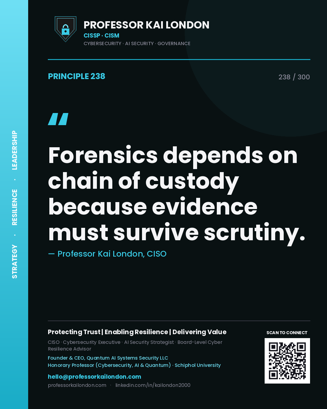 Forensics depends on chain of custody because evidence must survive scrutiny. — Professor Kai London, CISO. Principle 238 of 300 on Digital Forensics.