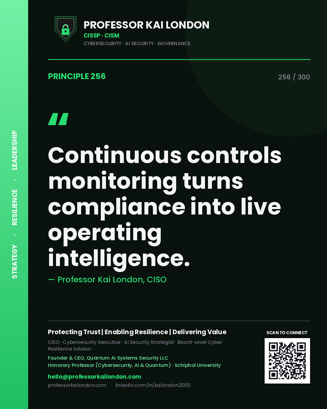 Continuous controls monitoring turns compliance into live operating intelligence. — Professor Kai London, CISO. Principle 256 of 300 on CCM.